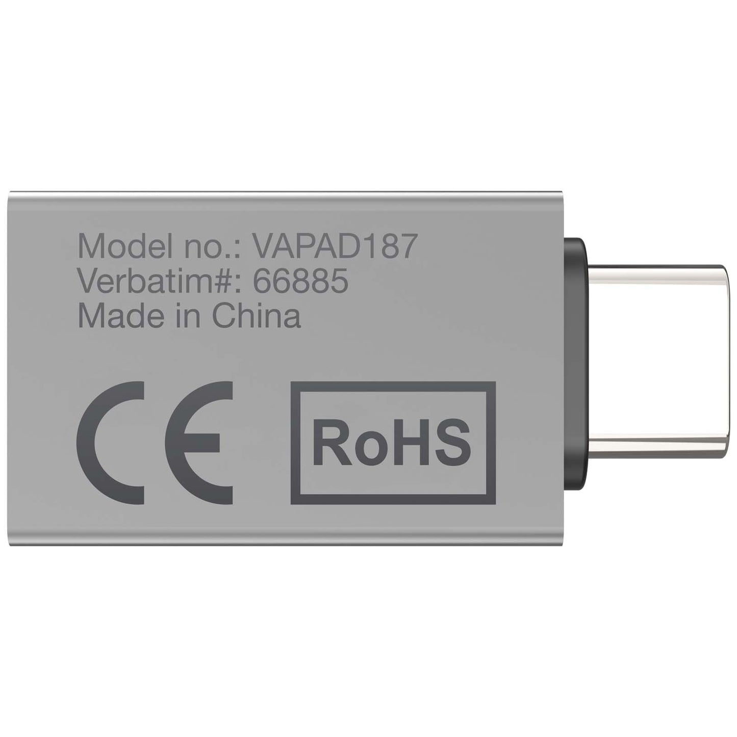 Verbatim USB 3.2 Gen 1 Type C Adaptor 66885 showing model number and certification details.