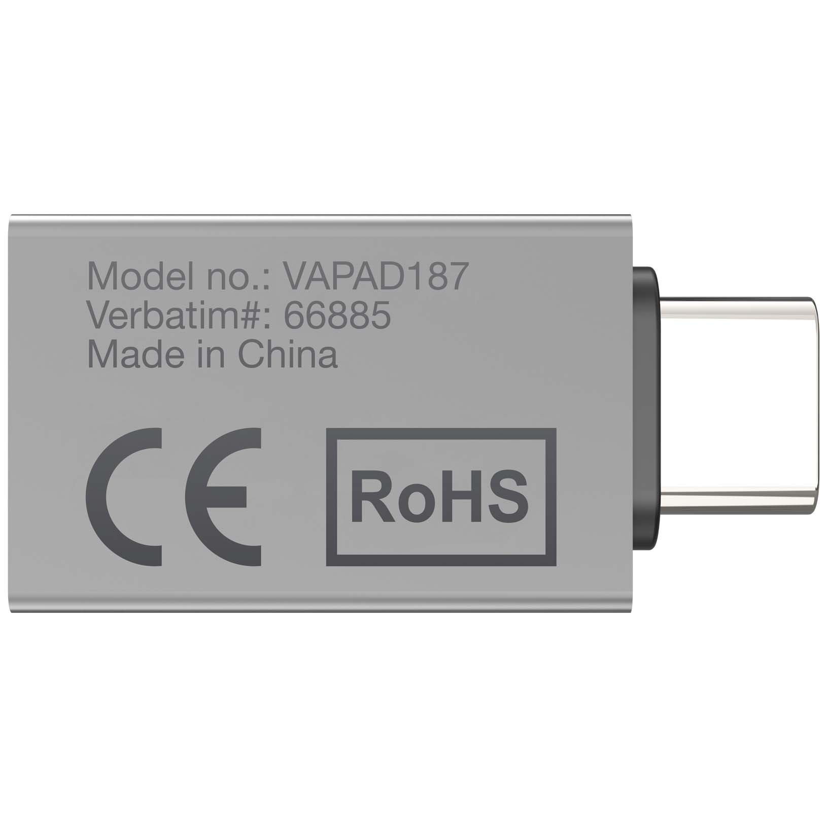 Verbatim USB 3.2 Gen 1 Type C Adaptor 66885 showing model number and certification details.