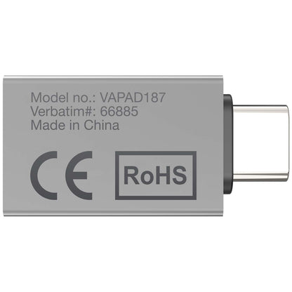 Verbatim USB 3.2 Gen 1 Type C Adaptor 66885 showing model number and certification details.