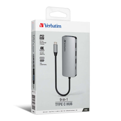 Verbatim 9-in-1 Type C Hub 66899 packaging showcasing versatile connectivity options and sleek design.