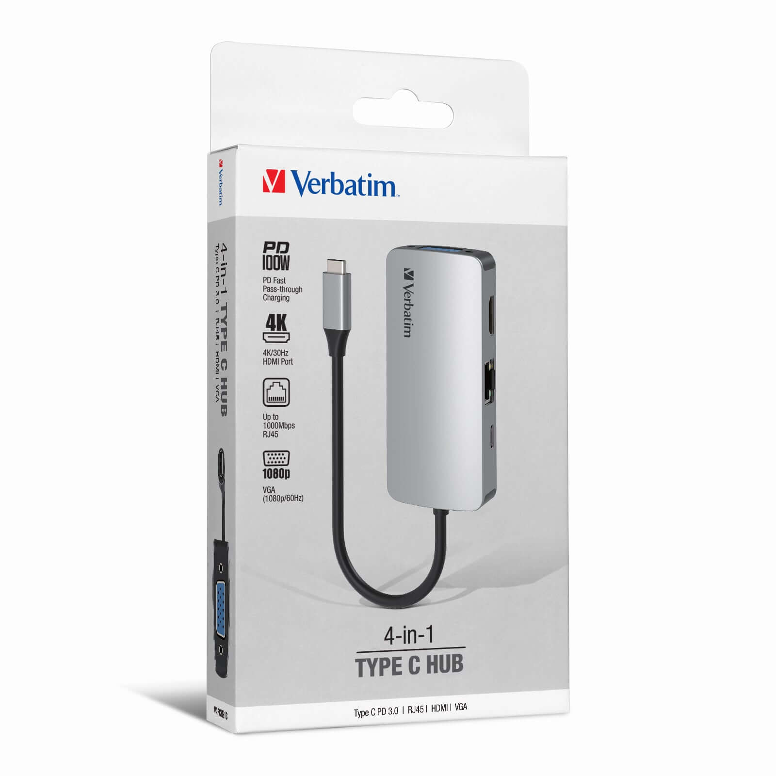 Verbatim 4-in-1 Type C Hub 66955 packaging showing ports for PD charging, HDMI, VGA, and RJ45.