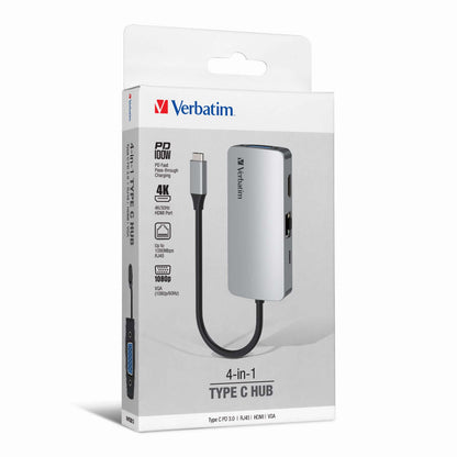 Verbatim 4-in-1 Type C Hub 66955 packaging showing ports for PD charging, HDMI, VGA, and RJ45.