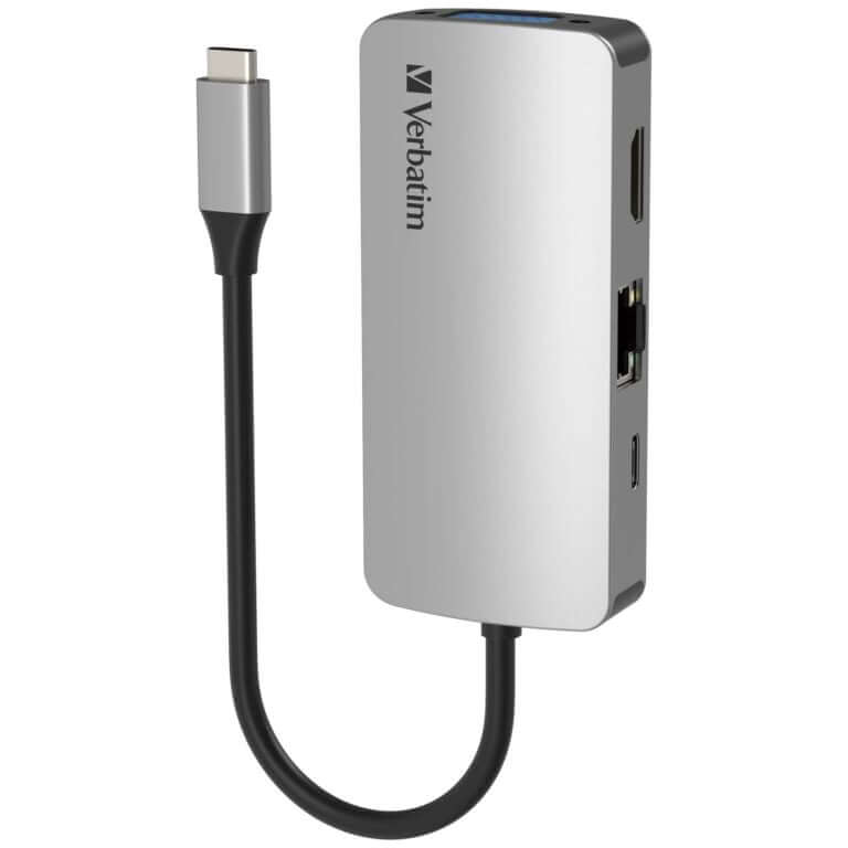 Verbatim 4-in-1 Type C Hub 66955 with ports for HDMI, VGA, RJ45 and PD pass-through charging.