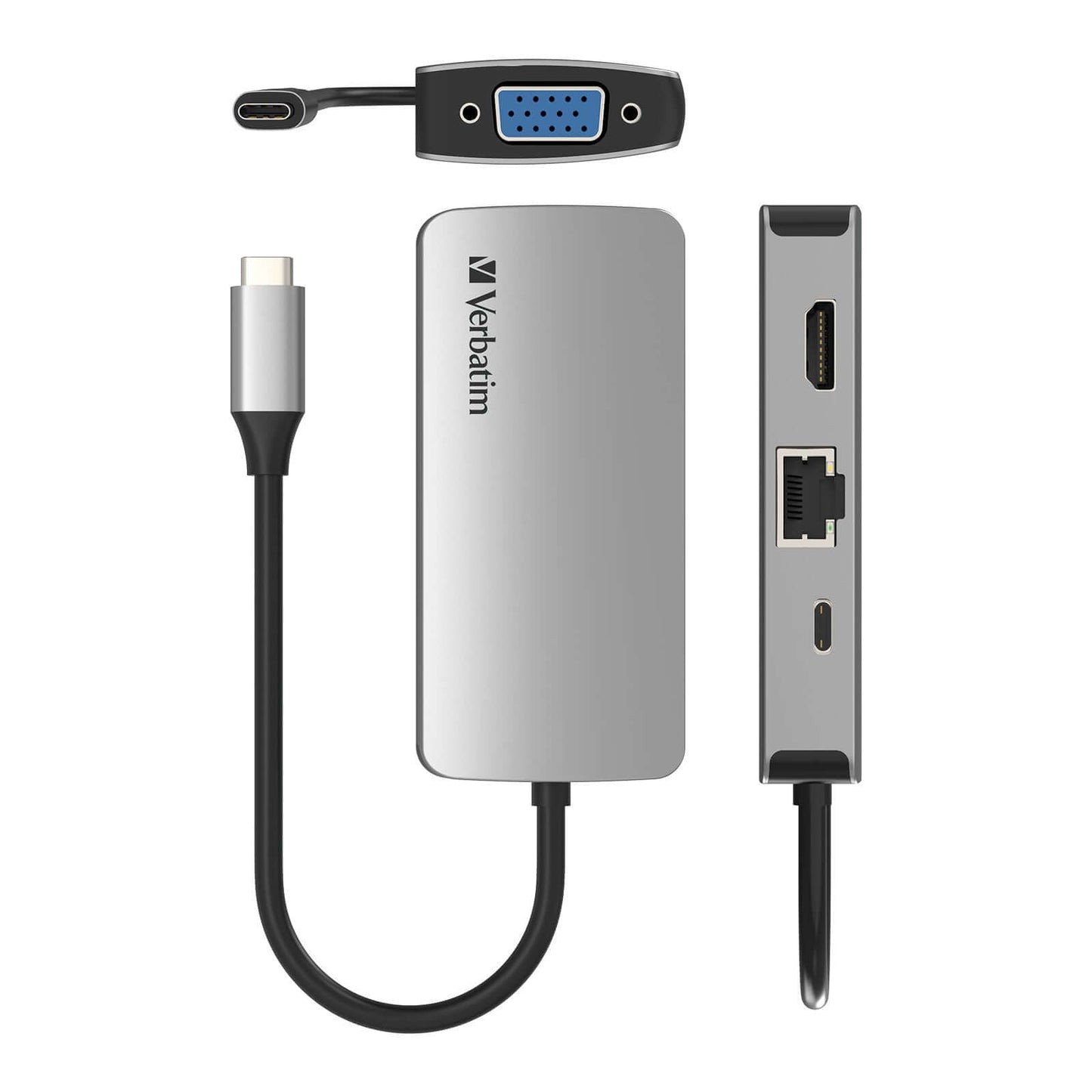 Verbatim 4-in-1 Type C Hub 66955 showing Type C, HDMI, VGA, and RJ45 ports for enhanced connectivity.