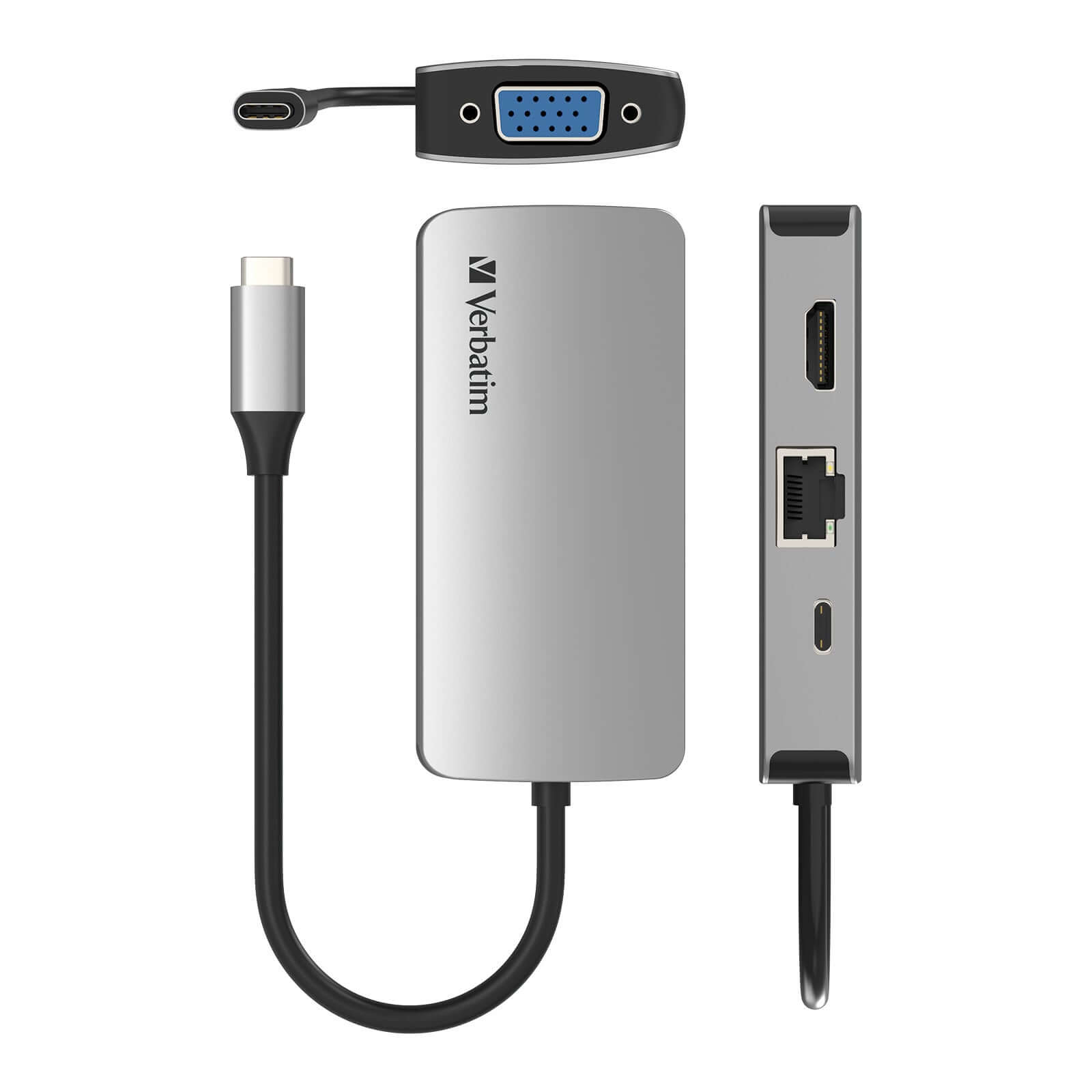 Verbatim 4-in-1 Type C Hub 66955 showing Type C, HDMI, VGA, and RJ45 ports for enhanced connectivity.