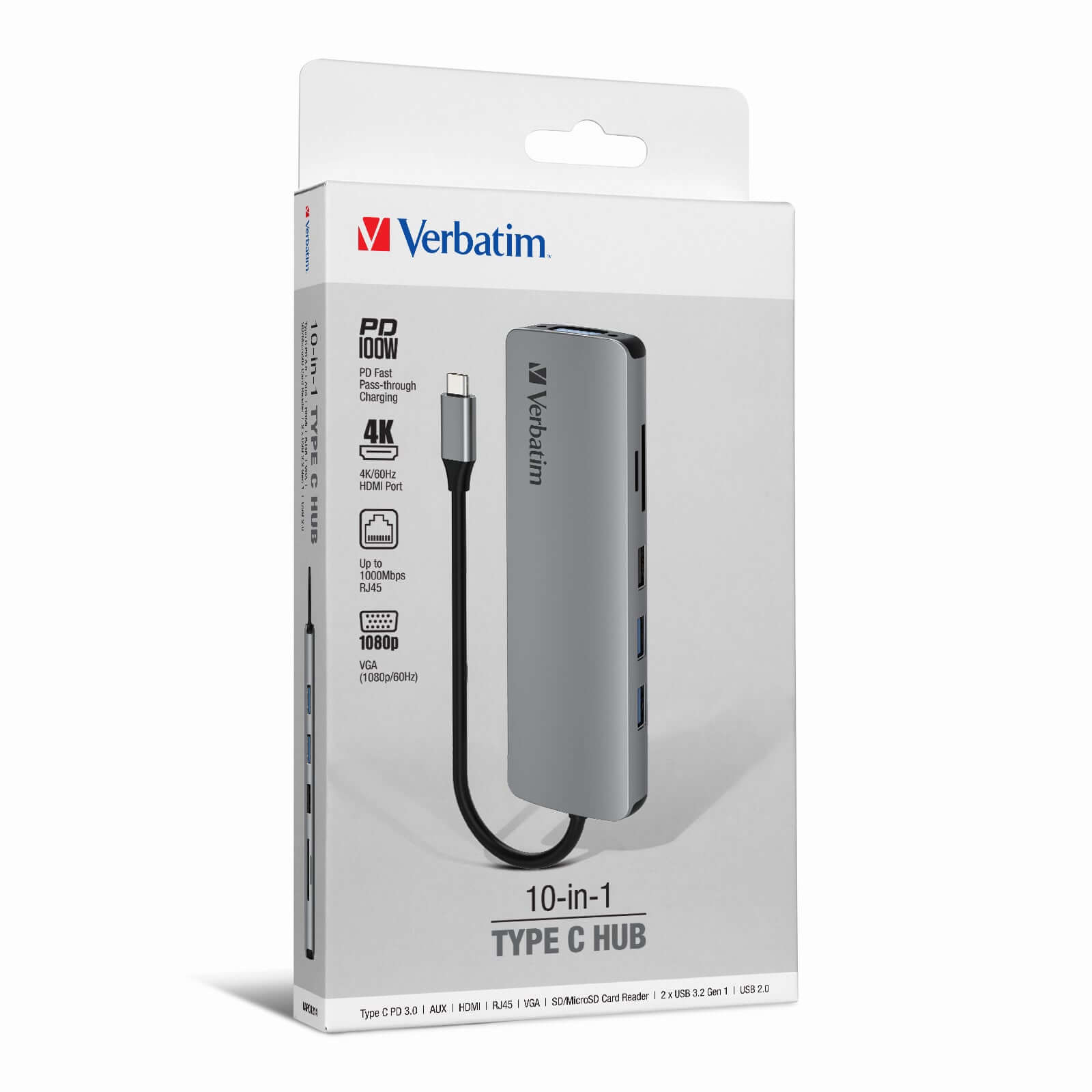 Verbatim 66956 10-in-1 Type C Hub in packaging showing various ports and features including PD charging and 4K HDMI.
