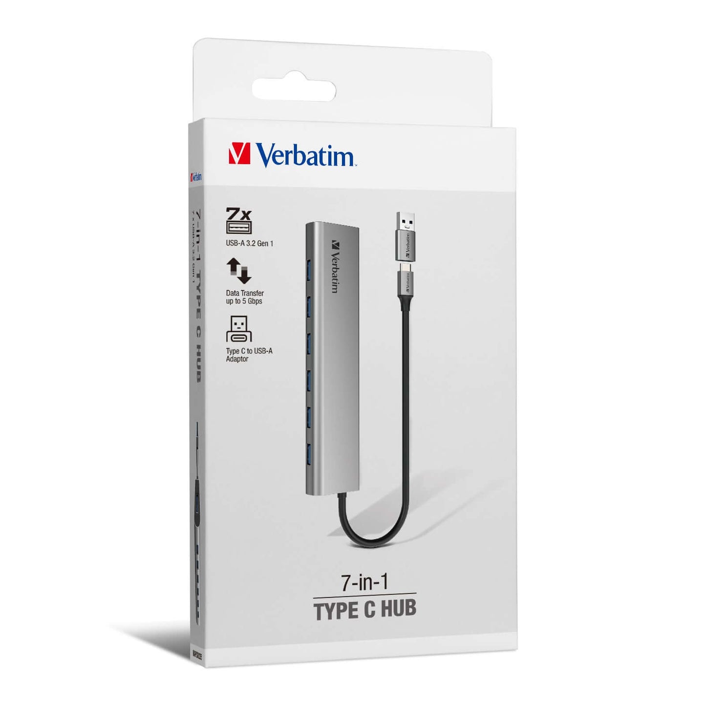 Verbatim 7-in-1 Type C Hub 66973 packaging showing slim design, USB-A ports and USB-A adaptor for corporate gift.