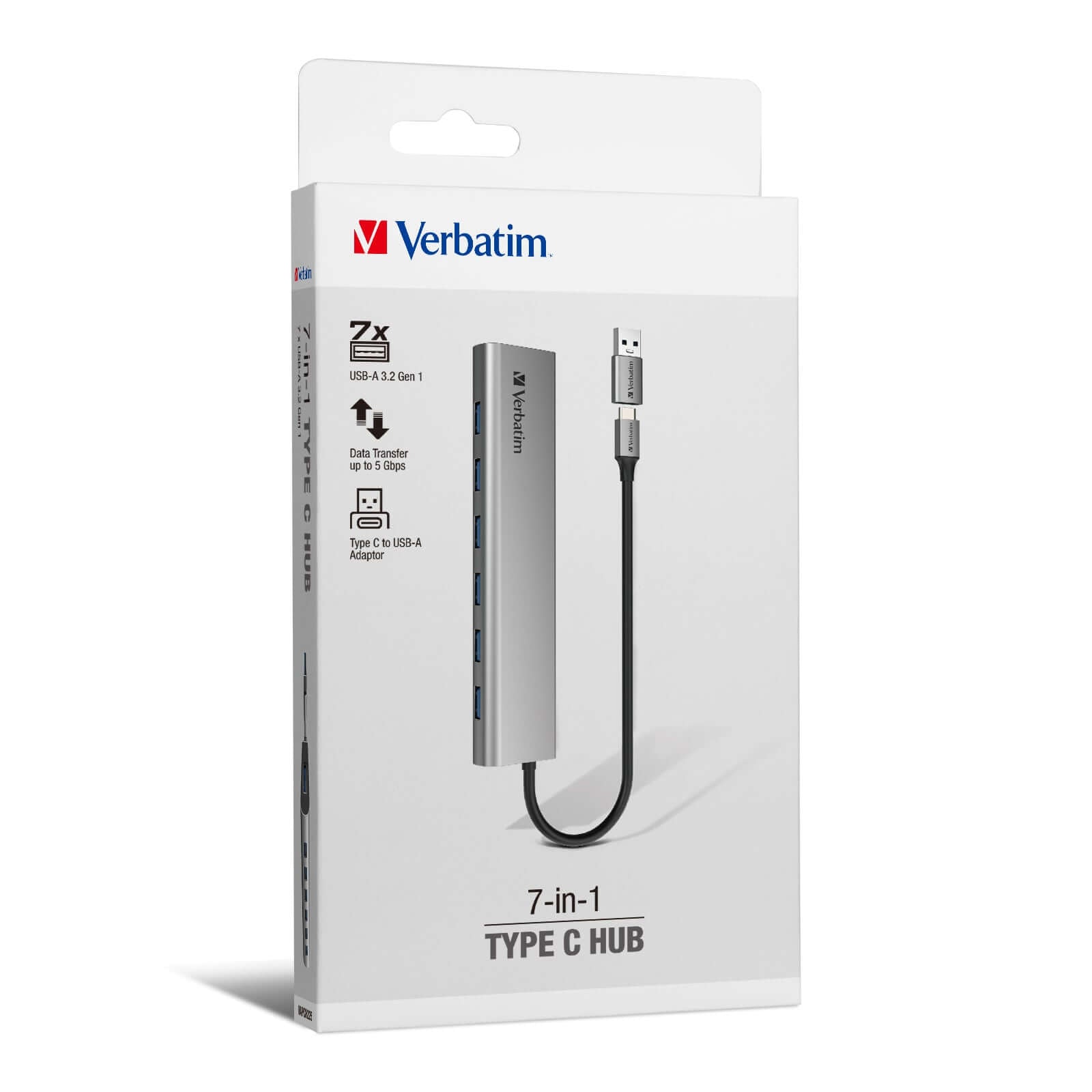 Verbatim 7-in-1 Type C Hub 66973 packaging showing slim design, USB-A ports and USB-A adaptor for corporate gift.