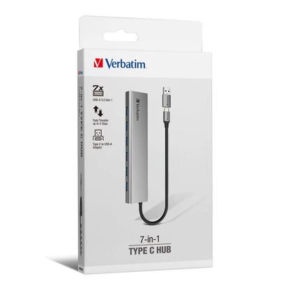 Verbatim 7-in-1 Type C Hub 66973 packaging showing slim design, USB-A ports and USB-A adaptor for corporate gift.
