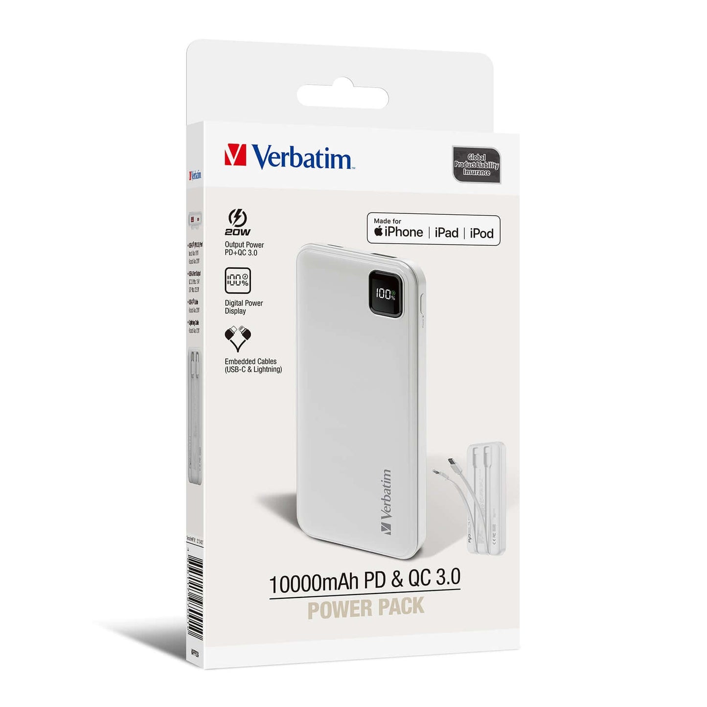 Verbatim 10000mAh PD 3.0 & QC 3.0 Power Pack with Embedded Cables, portable charger with digital display.