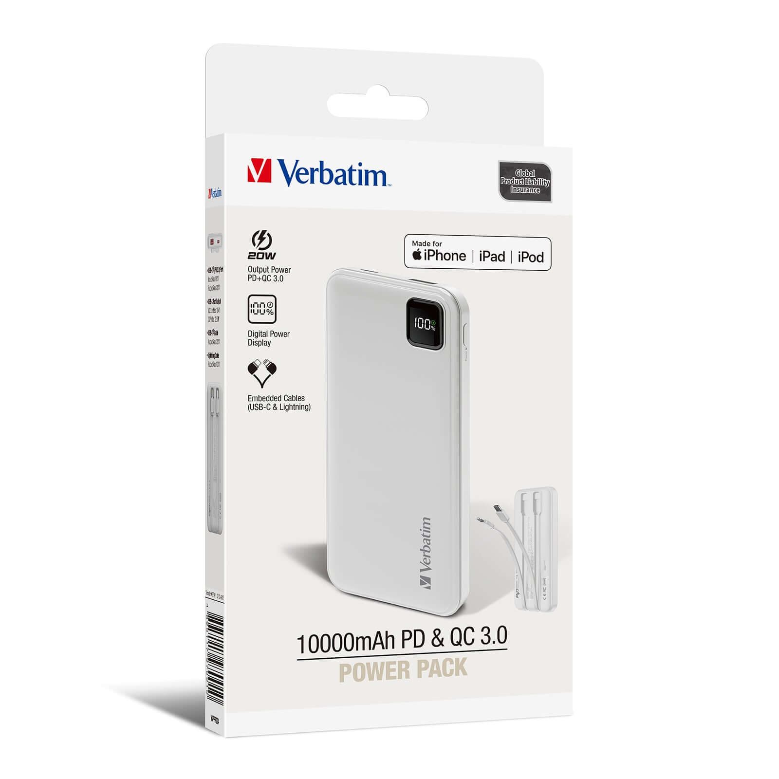 Verbatim 10000mAh PD 3.0 & QC 3.0 Power Pack with Embedded Cables, portable charger with digital display.