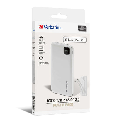 Verbatim 10000mAh PD 3.0 & QC 3.0 Power Pack with Embedded Cables, portable charger with digital display.
