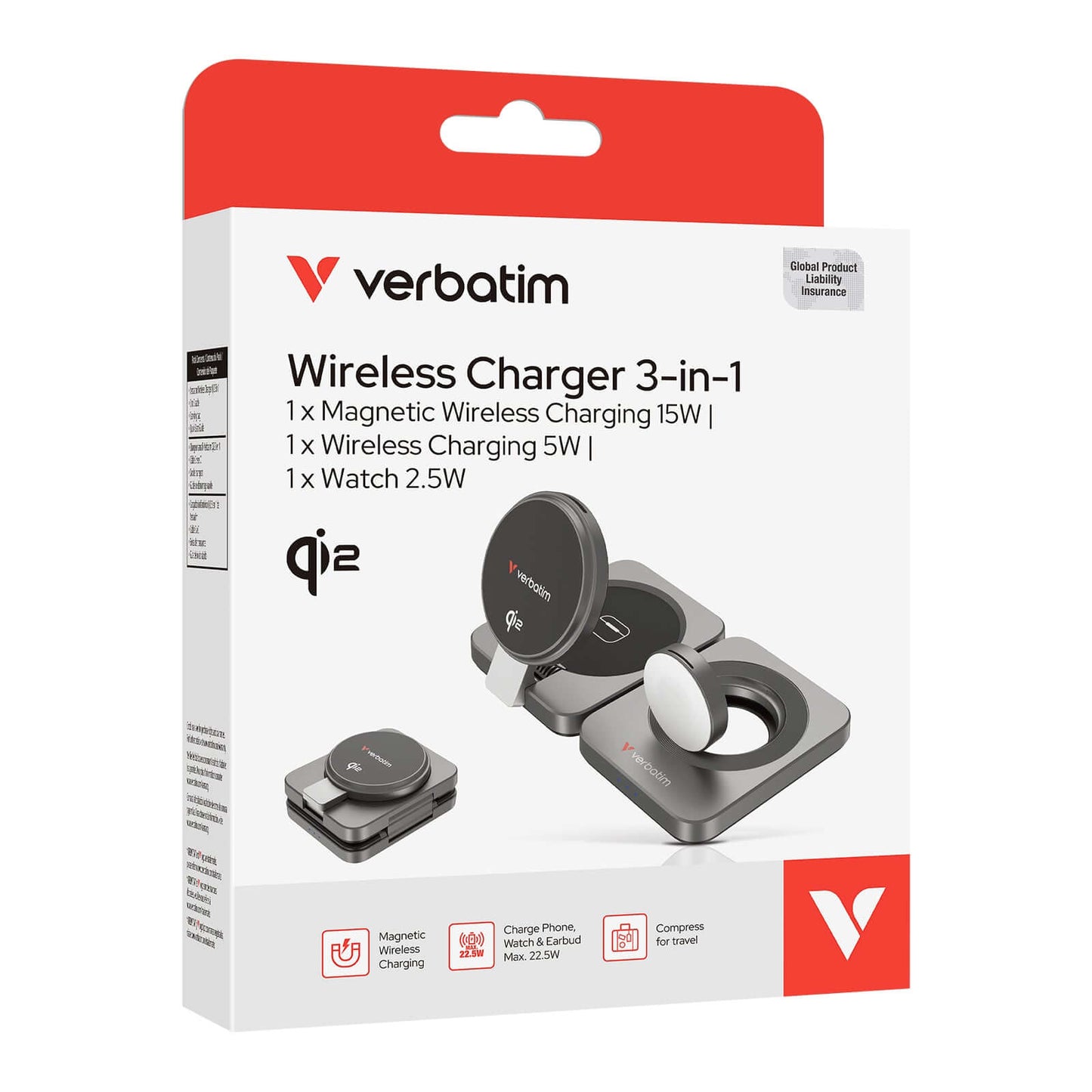 Verbatim 3-in-1 Qi2 Wireless Charger (WCDQi201) packaging, includes magnetic charger, watch charger, and phone charging dock.