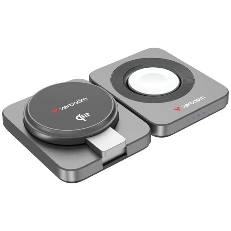 Verbatim 3-in-1 Qi2 Wireless Charger (WCDQi201) with sleek design for fast charging multiple devices.