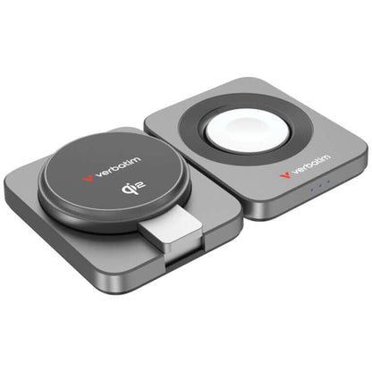 Verbatim 3-in-1 Qi2 Wireless Charger (WCDQi201) with sleek design for fast charging multiple devices.