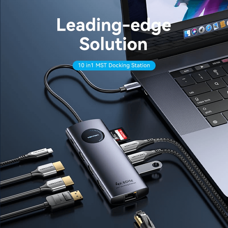 Vention 10-in-1 USB-C MST Docking Station connected to a laptop with various cables for enhanced workspace.