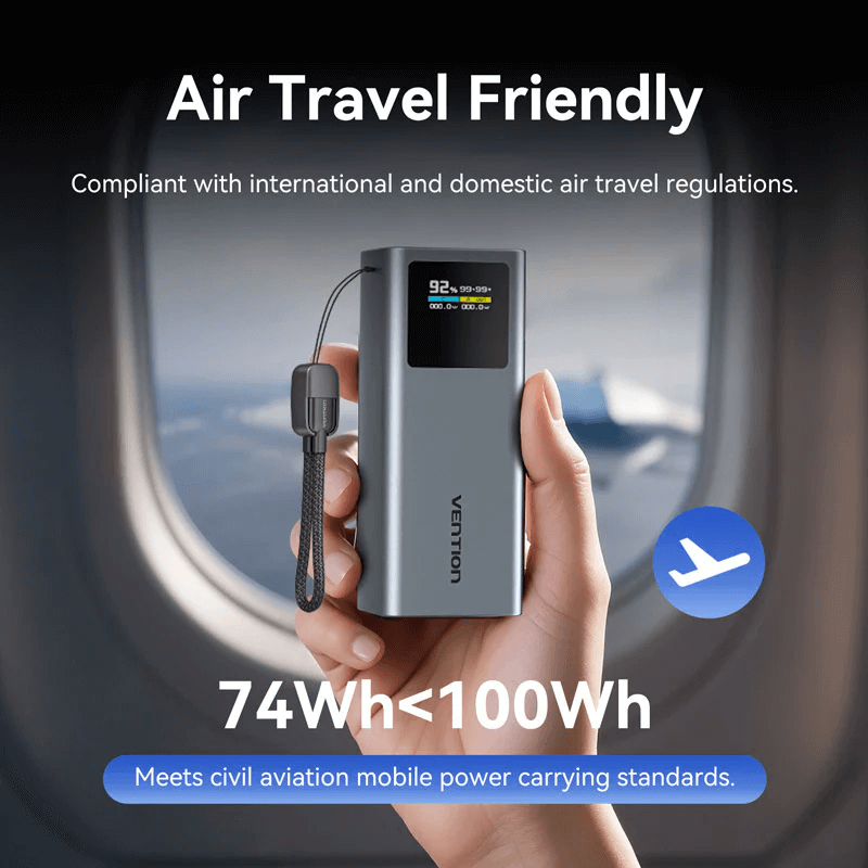 Vention 20000mAh Power Bank 100W displayed as air travel friendly with digital panel and regulations compliance.