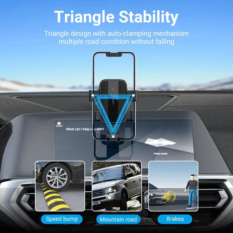 Vention Car Phone Mount with Triangular Point Fixation showing triangle stability and auto-clamping design for driver safety.
