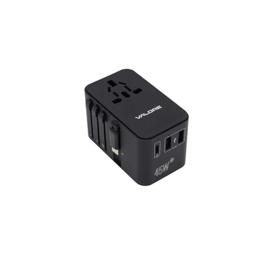 Valore PD45W Universal Travel Adaptor with Retractable Cable (UTA-001) showing its compact design.