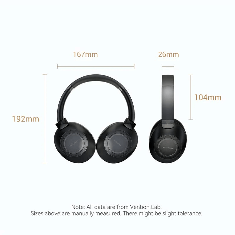 Vention Wireless On-Ear Headphones SoundMate dimensions including height and width specifications.