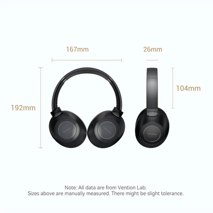 Vention Wireless On-Ear Headphones SoundMate dimensions including height and width specifications.