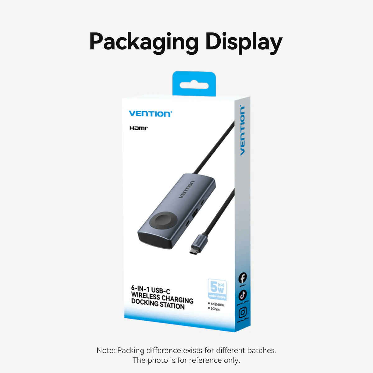 Vention 6-in-1 USB-C Wireless Charging Docking Station packaging display, showcasing design and features.