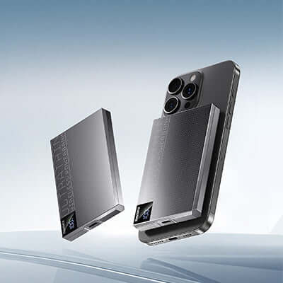 Remax MP-6 Magnetic Wireless Charging Powerbank 10000mAh next to a smartphone showcasing its sleek design.