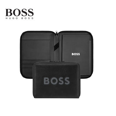Hugo Boss Conference Folder A5 Boss Cut Out showing BOSS logo on sleek black PU exterior and grey mesh interior.