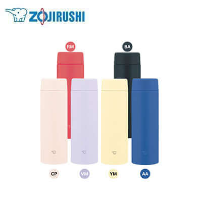 ZOJIRUSHI Stainless Thermal Flask SU-AA48 in various colors including pink, red, blue, and yellow.