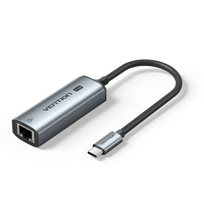 Vention USB-C to 2.5G Ethernet Adapter in sleek aluminum design for fast internet connectivity.