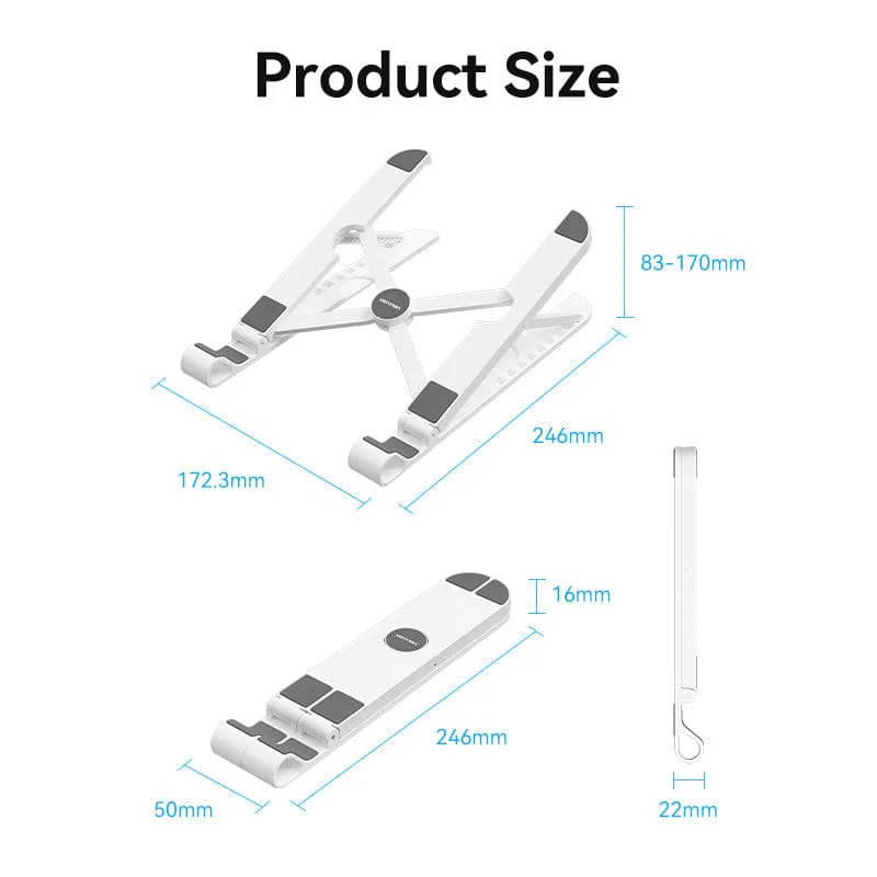 Product size dimensions of Vention Laptop Stand White, showcasing its adjustable and portable design.