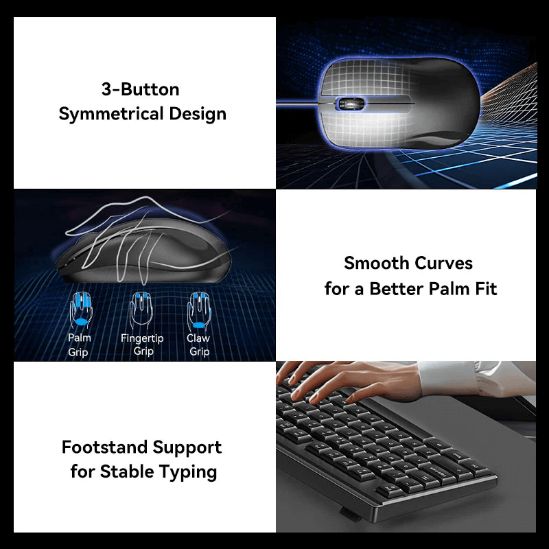 Vention USB Wired Full-Sized Silent Slim Keyboard and Mouse Combo features 3-button symmetrical design, smooth curves, and footstand support.