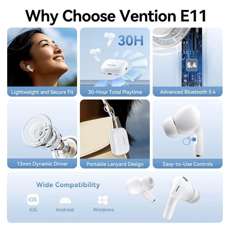 Vention True Wireless Bluetooth Earbuds Echo Lite E11 features including lightweight fit, 30-hour playtime, and Bluetooth 5.4.
