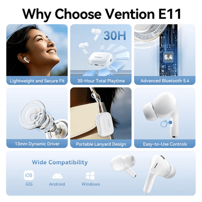 Vention True Wireless Bluetooth Earbuds Echo Lite E11 features including lightweight fit, 30-hour playtime, and Bluetooth 5.4.