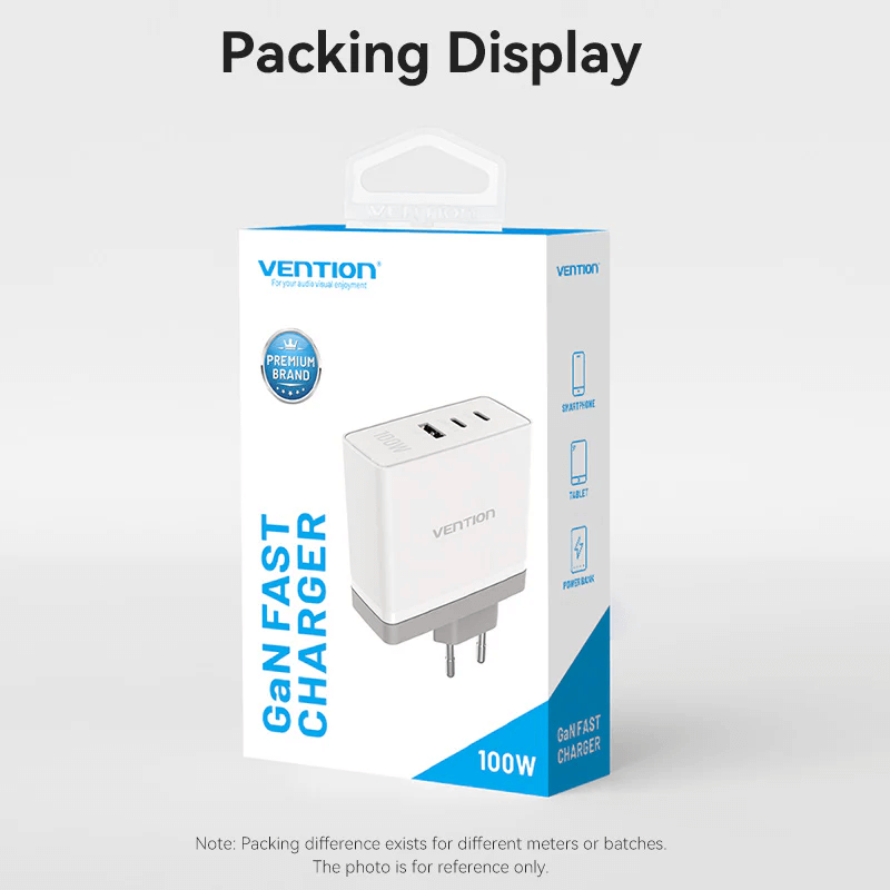Vention 3-Port USB (C+C+A) GaN Charger 100W packaging display for corporate gift.