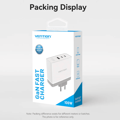 Vention 3-Port USB (C+C+A) GaN Charger 100W packaging display for corporate gift.