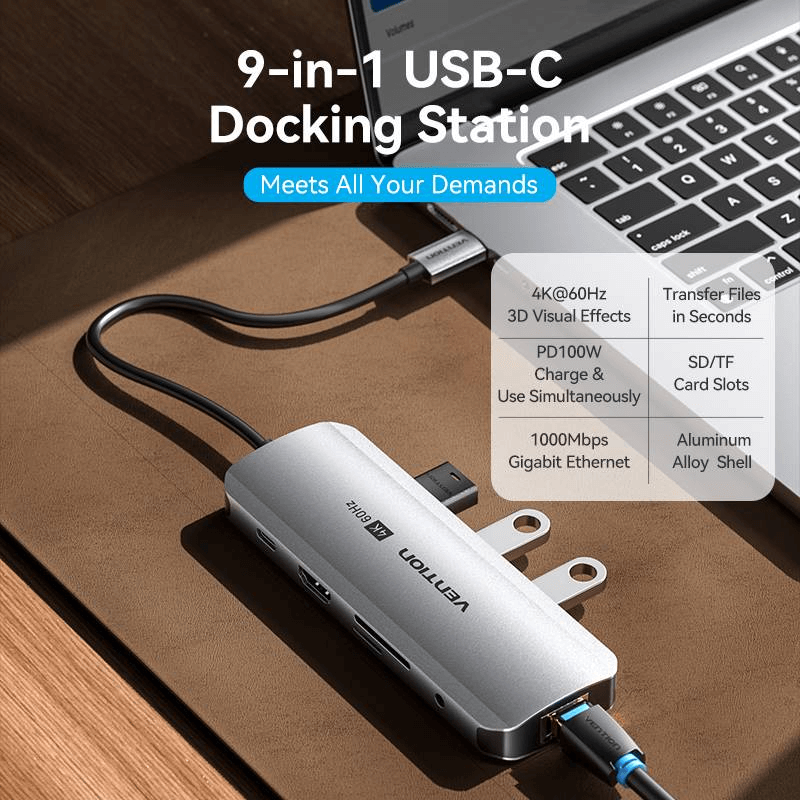 Vention 9-in-1 USB-C Docking Station with Ethernet showing 4K output, Gigabit Ethernet, and multiple ports.