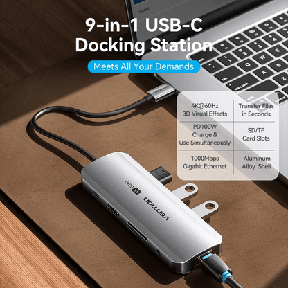 Vention 9-in-1 USB-C Docking Station with Ethernet showing 4K output, Gigabit Ethernet, and multiple ports.