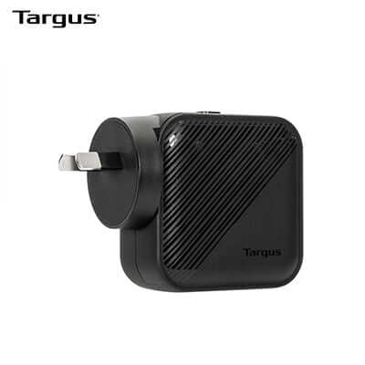 Targus APA803AP 65W GaN Wall Charger showcasing its compact design and high-power ports for efficient device charging.
