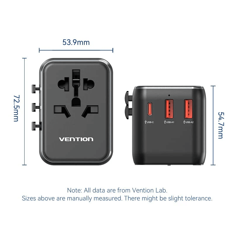 Vention 3-Port USB (C+A+A) Universal Travel Adapter 20W design with dimensions for international travel.