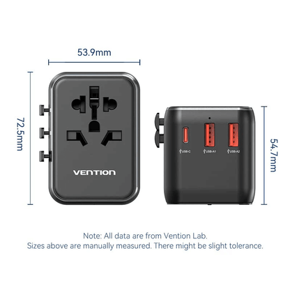 Vention 3-Port USB (C+A+A) Universal Travel Adapter 20W design with dimensions for international travel.