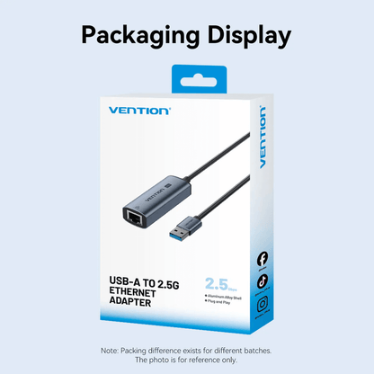 Vention USB-A to 2.5G Ethernet Adapter packaging display with aluminum alloy shell and plug-and-play functionality.