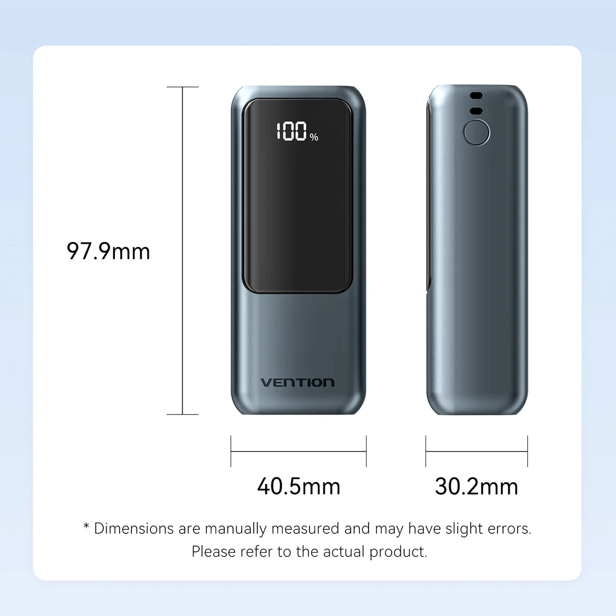 Vention Mini 10000mAh Power Bank 22.5W dimensions showing size and design features.