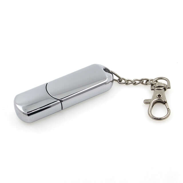 Metal USB Drive with clip in shiny silver, featuring a clip for easy attachment, ideal for corporate gifts.