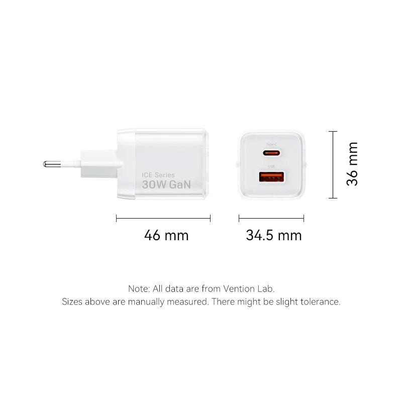 Vention 2-Port USB (C + A) GaN Charger (30W/30W) side view showing dimensions and ports