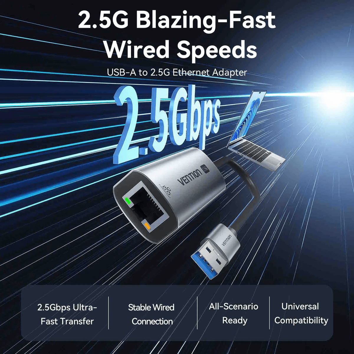 Vention USB-A to 2.5G Ethernet Adapter showing 2.5G blazing-fast speeds and stable wired connection.