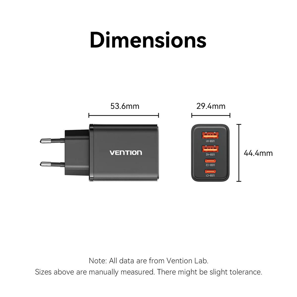 Dimensions of Vention 4-Port GaN Charger showcasing width, height, and depth for optimal usage.