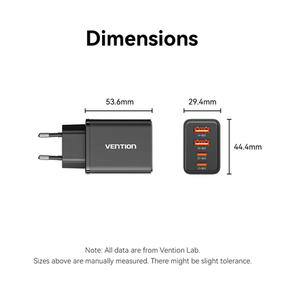 Dimensions of Vention 4-Port GaN Charger showcasing width, height, and depth for optimal usage.