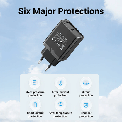 Vention 1-Port USB-C Wall Charger 20W with six major protections including over-current and short-circuit safety features.