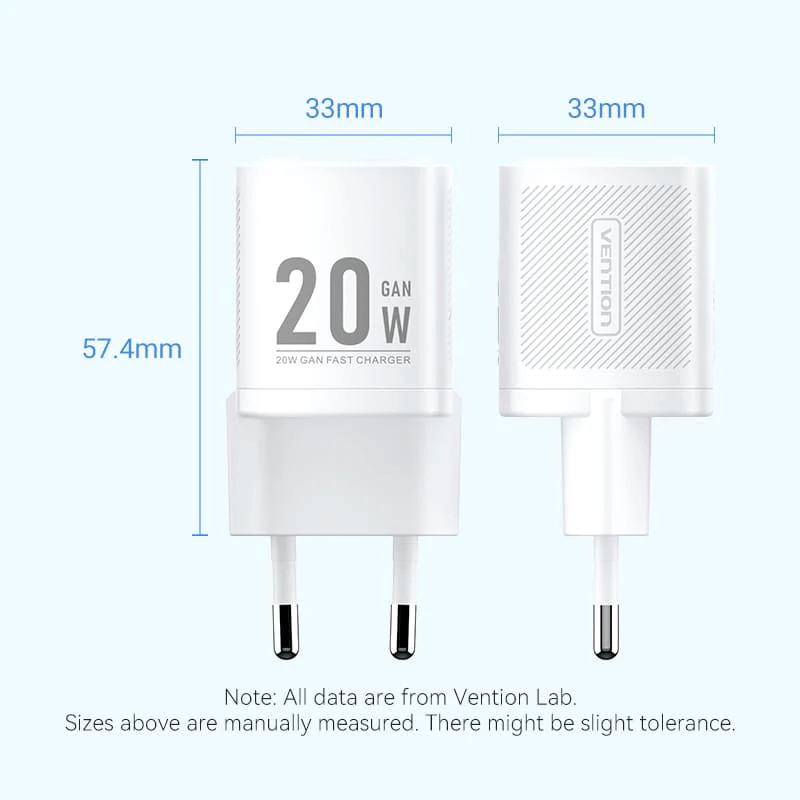 Vention 1-Port USB-C GaN Charger 20W showing dimensions and design details.